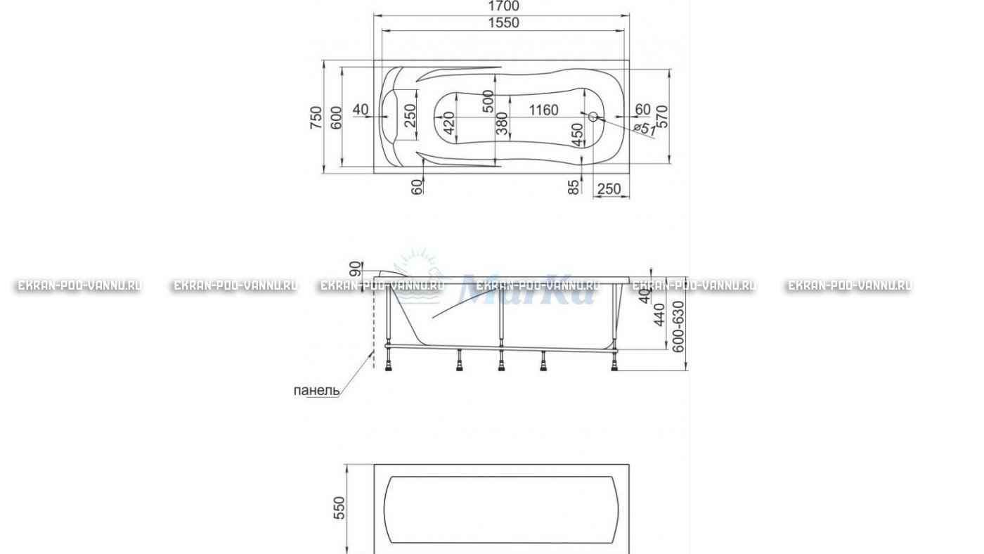 Акриловая ванна 1MarKa Calypso 170x75 – купить по цене 13950 руб. в интернет-магазине в городе Магнитогорск картинка 22