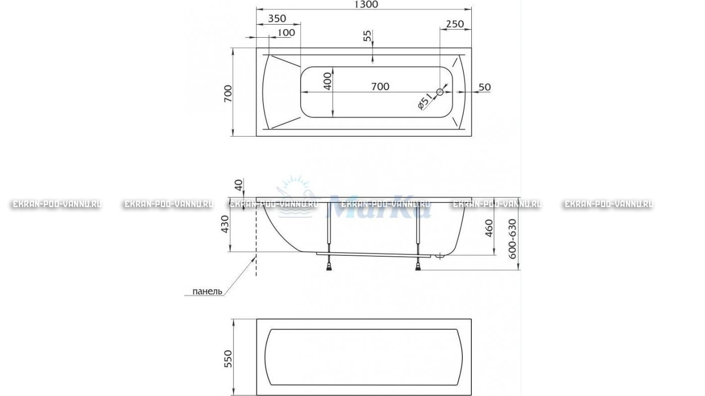 Акриловая ванна 1MarKa Modern 130x70 – купить по цене 8620 руб. в интернет-магазине в городе Магнитогорск картинка 16